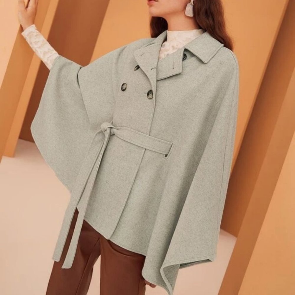 Double Breasted Cloak Sleeve Belted Jacket Cape Overcoat - Picture 7 of 9